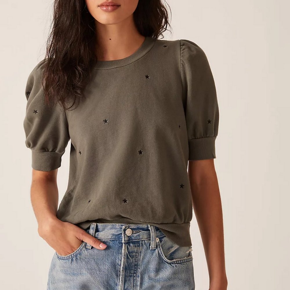 Anthropologie T.La Green Embroidered Stars Puff Short Sleeve Sweatshirt Top